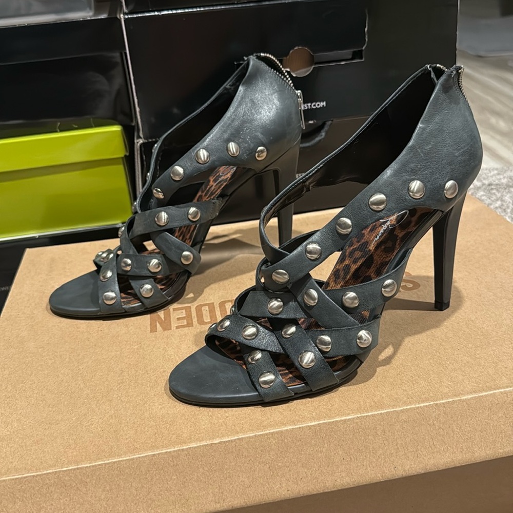 Never worn! Jessica Simpson bootie heels. Leather with silver studs. Size 9.5